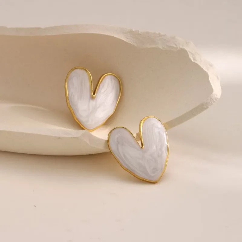 Gold and White Abstract Heart Enamel Stud Earrings, 18K Gold Plated, Stainless Steel