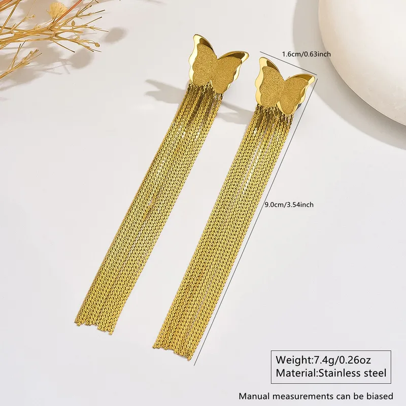 Butterfly Long Chain Tassle Earrings, 18K Gold Plated Statement Earrings, Stainless Steel