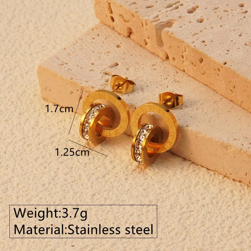 Large Gold Roman Numeral Interlocking Zircon Stud Earrings