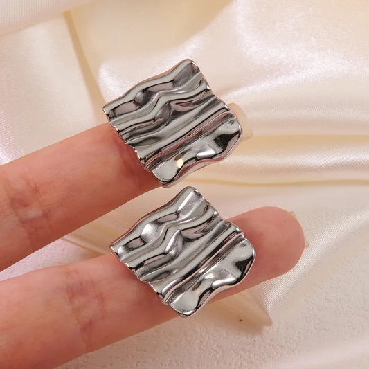 Silver Plated Wavy Square Stud Earrings, Stainless Steel, Hypoallergenic