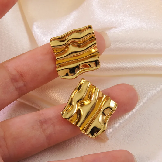 Wavy Square Stud Earrings, 18K Gold Plated, Stainless Steel, Waterproof