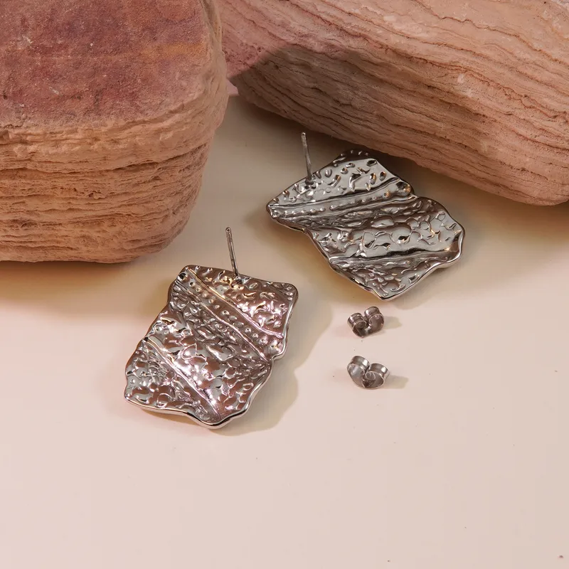 Textured Rectangle Stud Earrings, Silver Plated, Waterproof