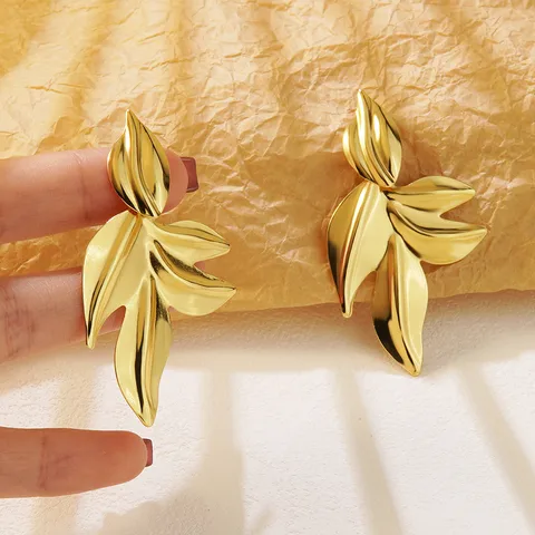 Statement Leaf Earrings, 18K Gold Plated, Stainless Steel