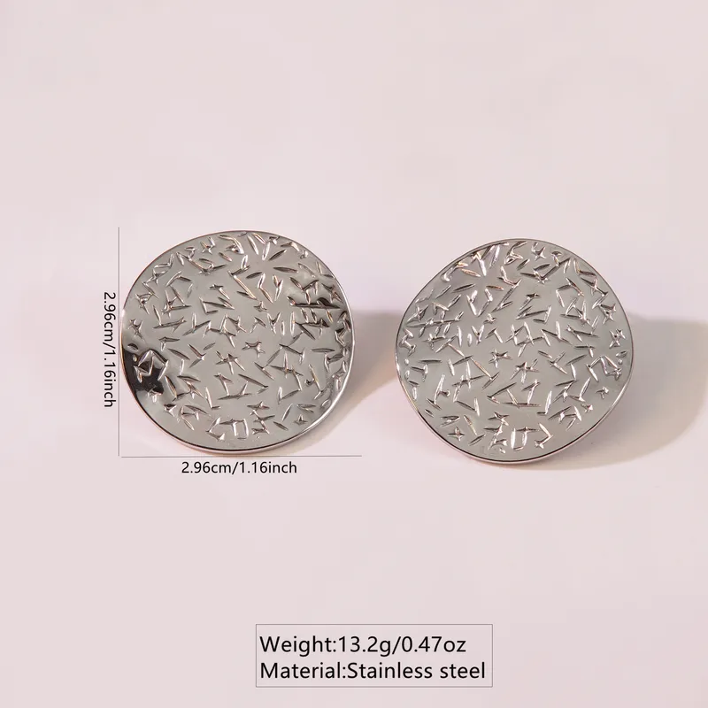 Silver Plated Round Button Engraved Stud Earrings, Waterproof