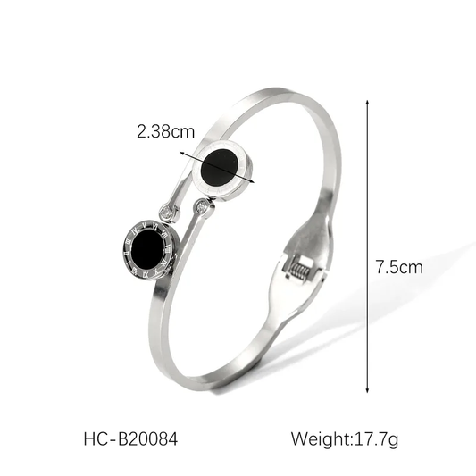 Roman Numeral Silver and Black Overlap Bangle, Stainless Steel, Waterproof
