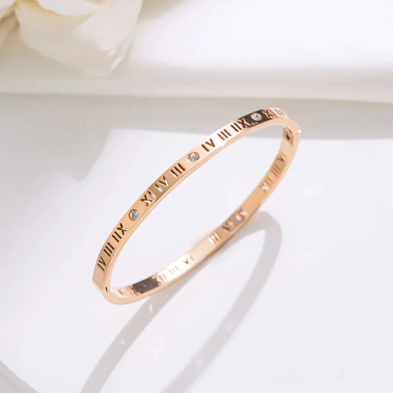 Rose Gold Roman Numeral Zircon Bangle, Sleek Stacking Bangle, Stainless Steel