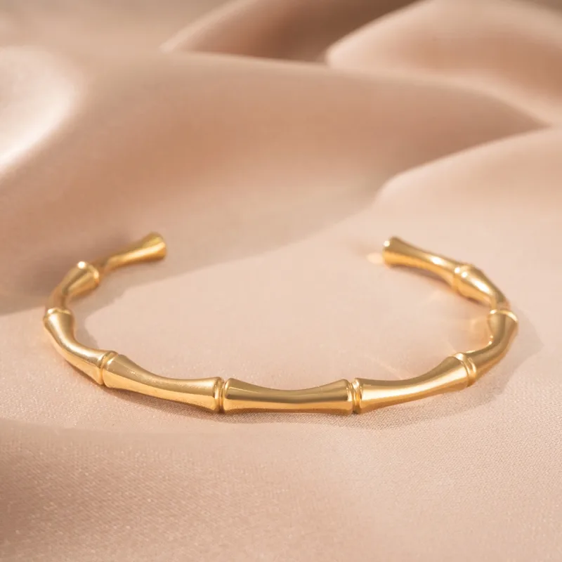 Gold Bamboo Cuff Bangle, Gold Cuff Bangle, Stainless Steel