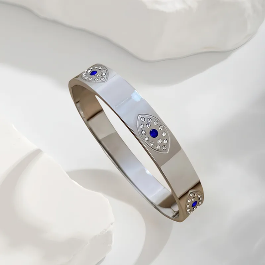 Zircon Evil Eye Wide Bangle, Chunky Gold Bangle, Stainless Steel