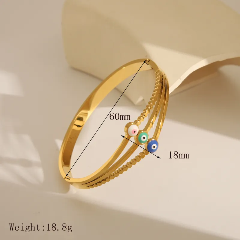 Layered Evil Eye Gold Bangle, Boho Gold Bangle, Stainless Steel