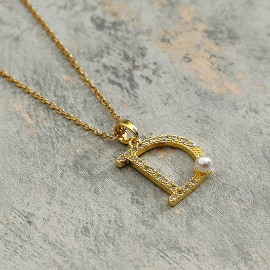 18k Gold Plated D Pendant Necklace with CZ Stones