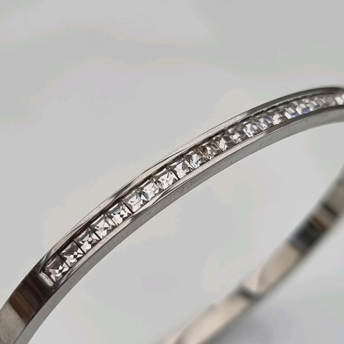 Silver Plated Sleek Stacking Zircon Bangle Stainless Steel