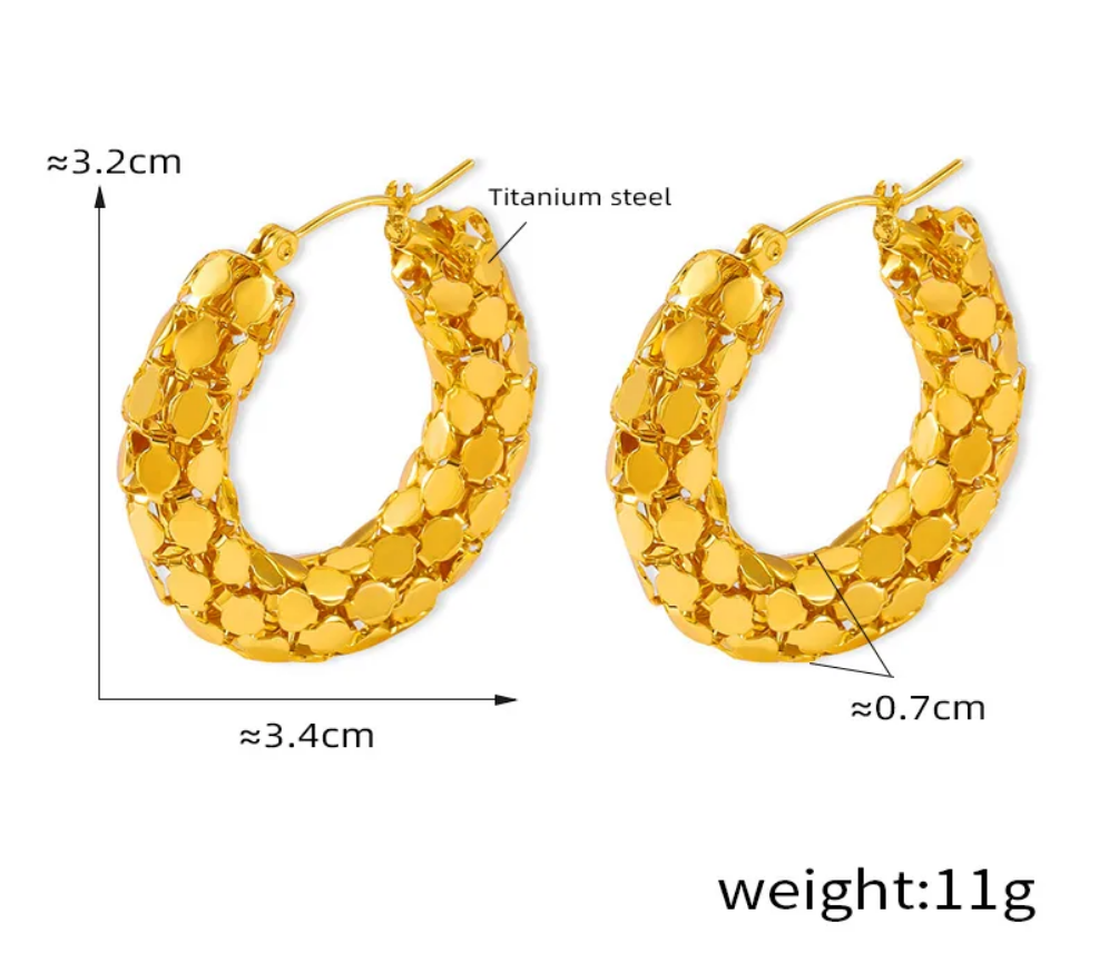Chunky Mesh Gold Hoop Earrings Hypoallergenic Tarnish Free Waterproof