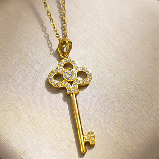 18k Gold Plated Key Pendant Necklace CZ Hypoallergenic