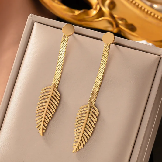 Dangling Feather Textured Earrings, 18K Gold Plated, Stainless Steel, Waterproof