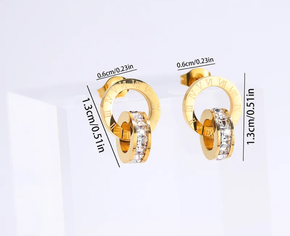 Circle Roman Numeral Zircon Stud Earrings 18K Gold Plated Hypoallergenic