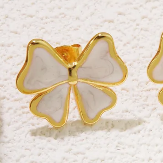 White and Gold Bow Enamel Stud Earrings, 18K Gold Plated, Stainless Steel