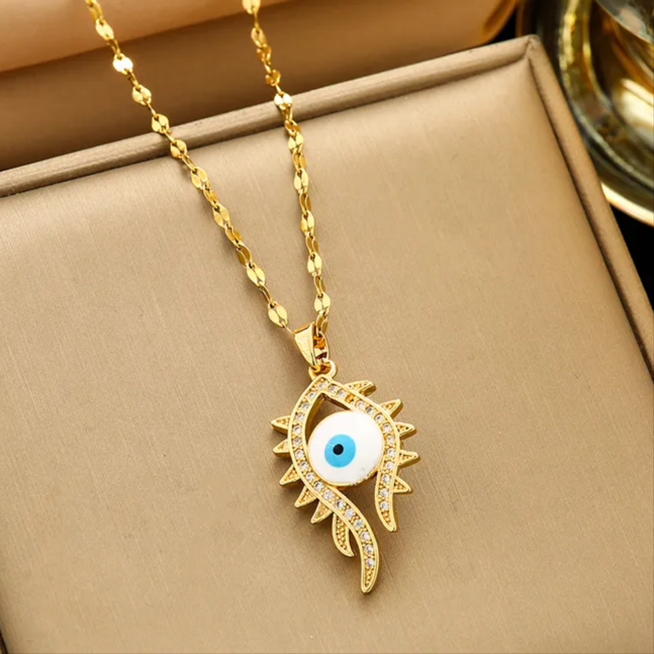 Statement Zircon Evil Eye Pendant Necklace 18K Gold Plated Stainless Steel