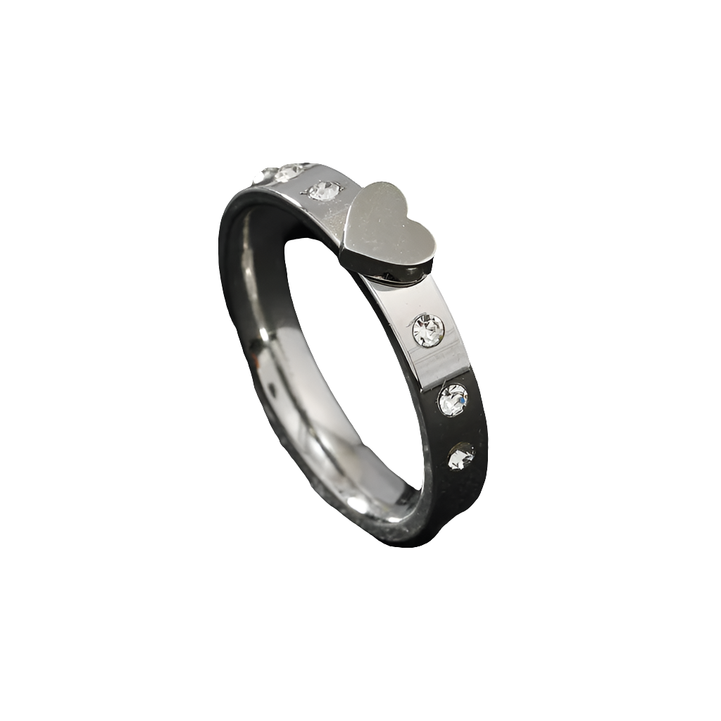 Silver Plated Heart Charm Zircon Band Ring Stainless Steel Tarnish Free