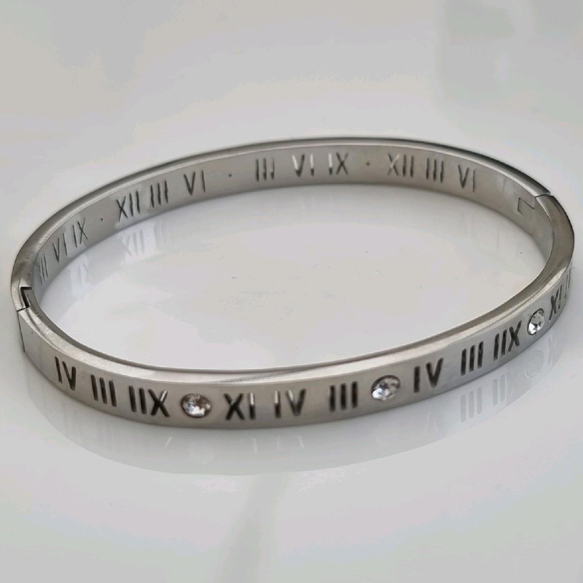 Wide Roman Numeral Zircon Bangle Stainless Steel