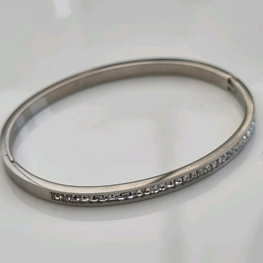 Silver Plated Sleek Stacking Zircon Bangle Stainless Steel