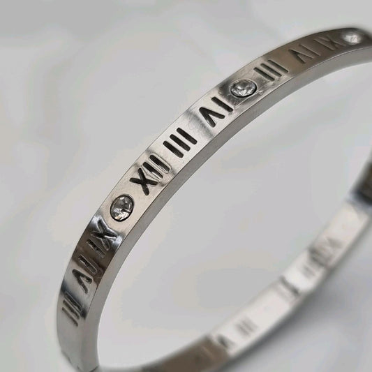Wide Roman Numeral Zircon Bangle Stainless Steel