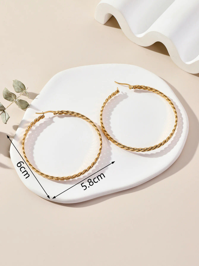 Twisted Big Gold Plated Hoop Earrings, Stainless Steel