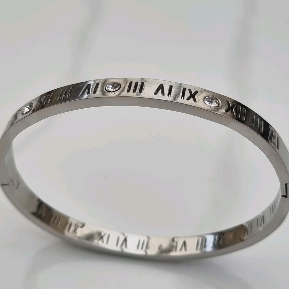 Wide Roman Numeral Zircon Bangle Stainless Steel