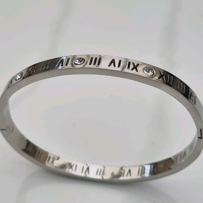 Wide Roman Numeral Zircon Bangle Stainless Steel