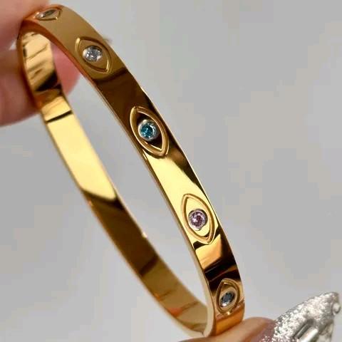 18K Gold Plated Evil Eye Bangle with Multi Colour Zircon Stones Hypoallergenic Stainless Steel