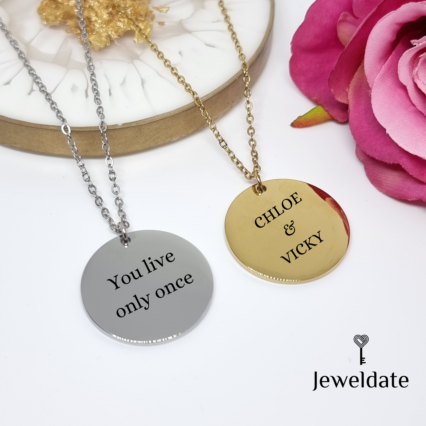 Personalised Necklace, Custom Engraved Disc Pendant, Gold Silver Jewellery