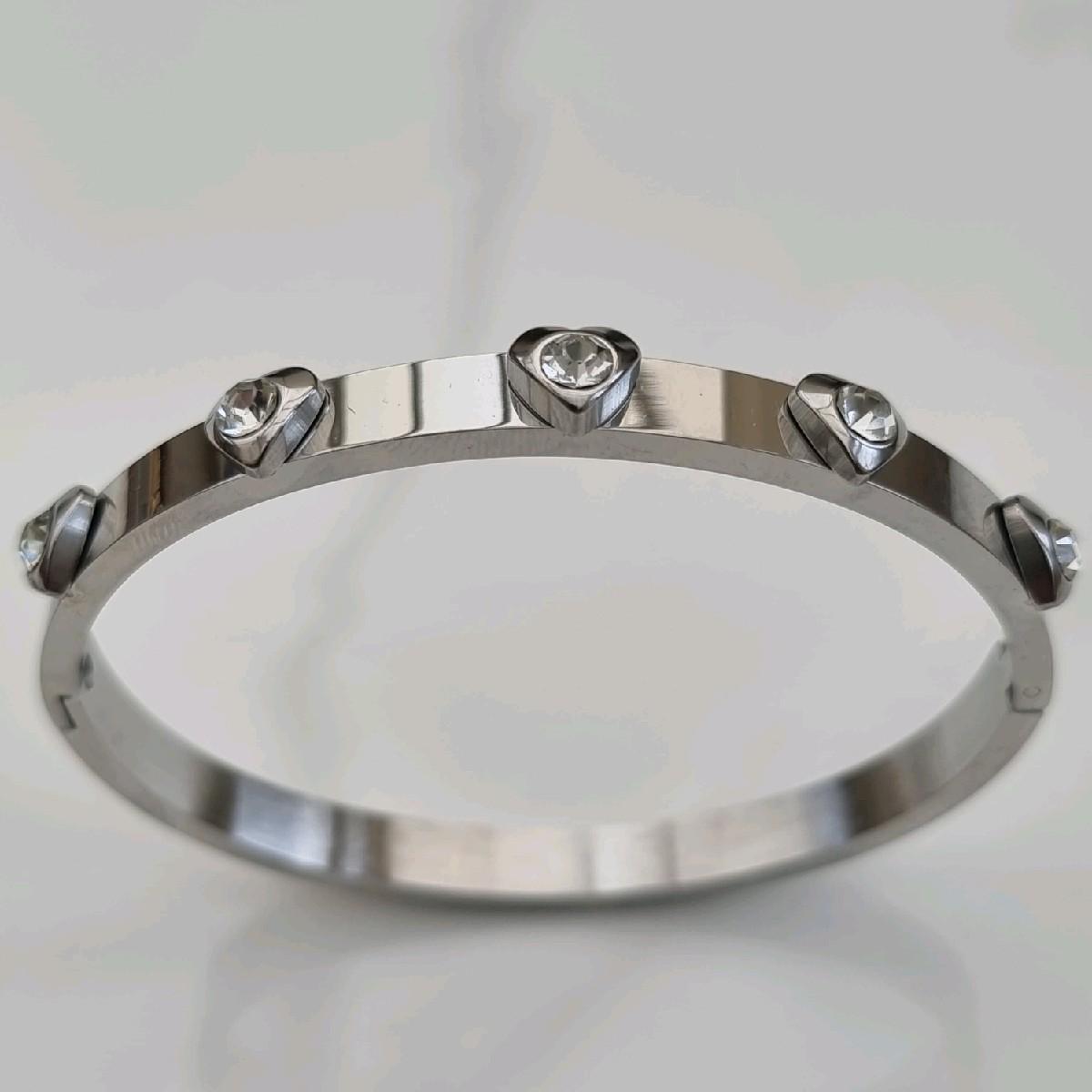 Silver Plated Big Zircon Heart Bangle Stainless Steel