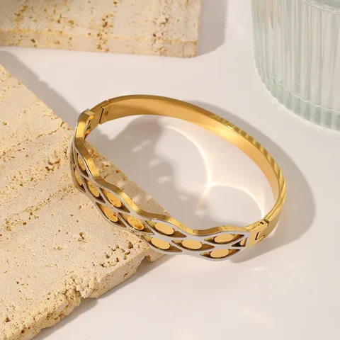 Statement Dual Tone Wave Bangle 18K Gold Plated Stainless Steel