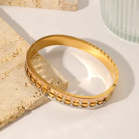 Statement Dual Tone Geometric Design Chunky Bangle Stainless Steel