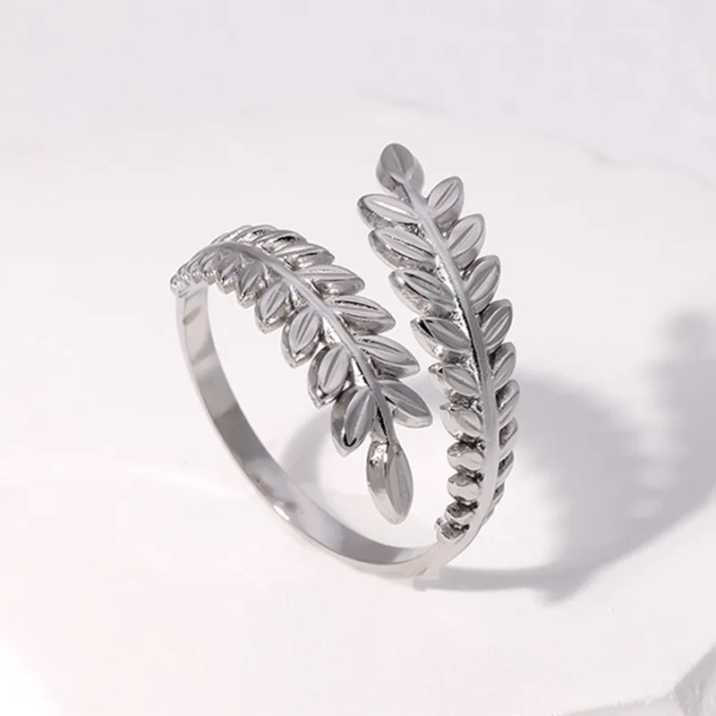 Silver Plated Feather Open Adjustable Ring Stainless Steel