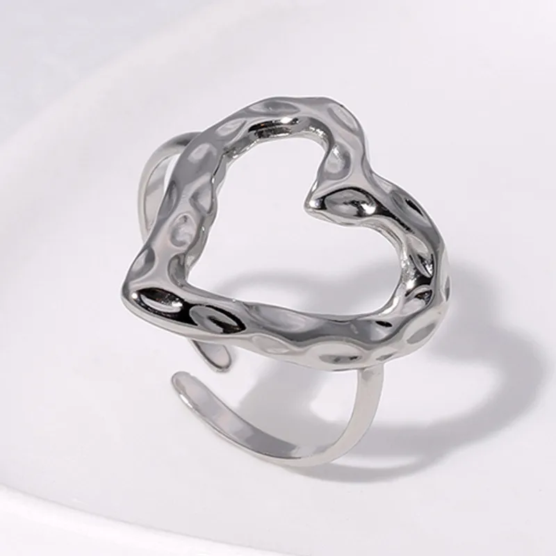 Abstract Hollow Heart Adjustable Ring Silver Plated
