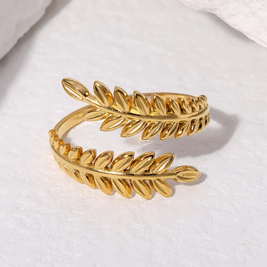 Gold Feather Open Adjustable Ring 18K Gold Plated Stainless Steel