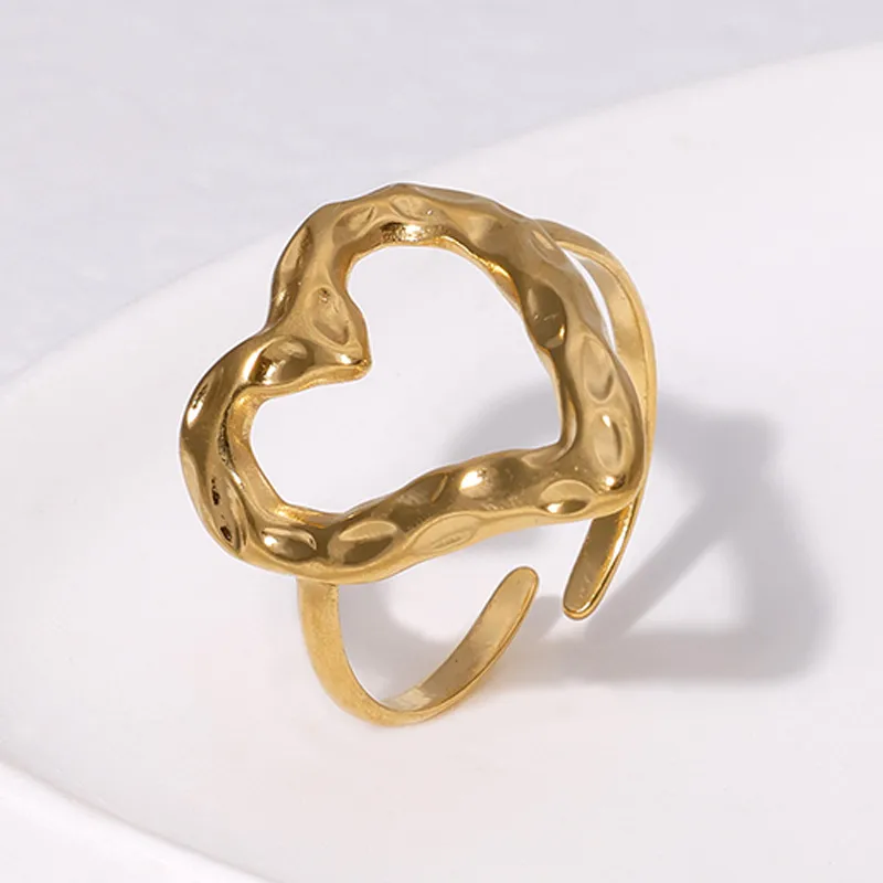 Abstract Hollow Heart Adjustable Ring 18K Gold Plated Stainless Steel