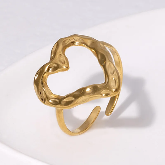 Abstract Hollow Heart Adjustable Ring 18K Gold Plated Stainless Steel