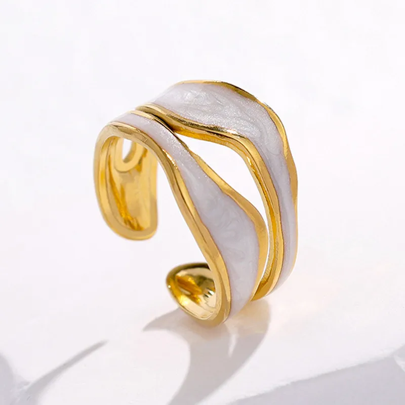 Adjustable White Enamel 18K Gold Plated Abstract Layered Ring Stainless Steel