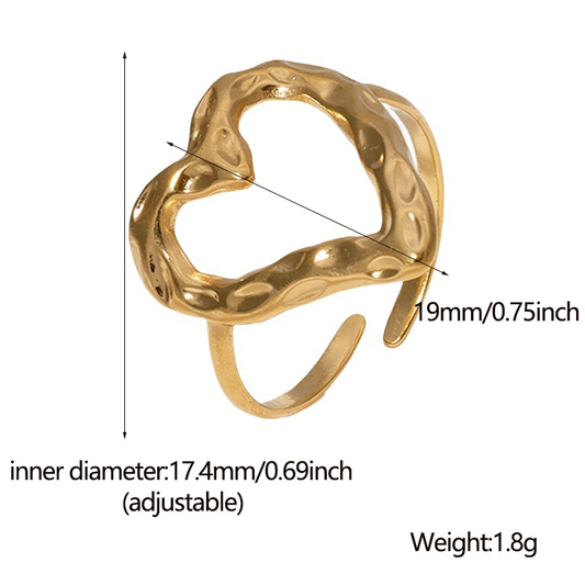 Abstract Hollow Heart Adjustable Ring 18K Gold Plated Stainless Steel