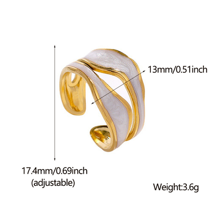 Adjustable White Enamel 18K Gold Plated Abstract Layered Ring Stainless Steel