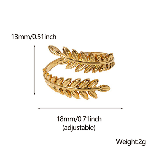 Gold Feather Open Adjustable Ring 18K Gold Plated Stainless Steel