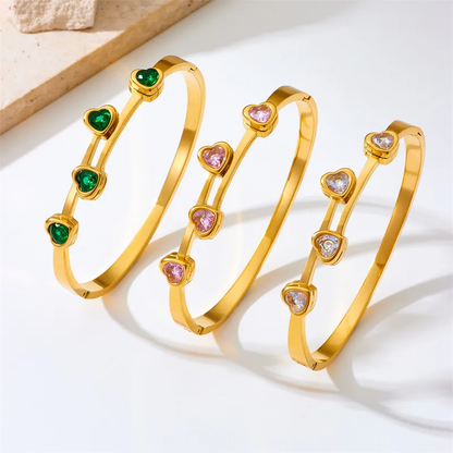 18K Gold Plated Gorgeous Green Heart  Bangle Stainless Steel