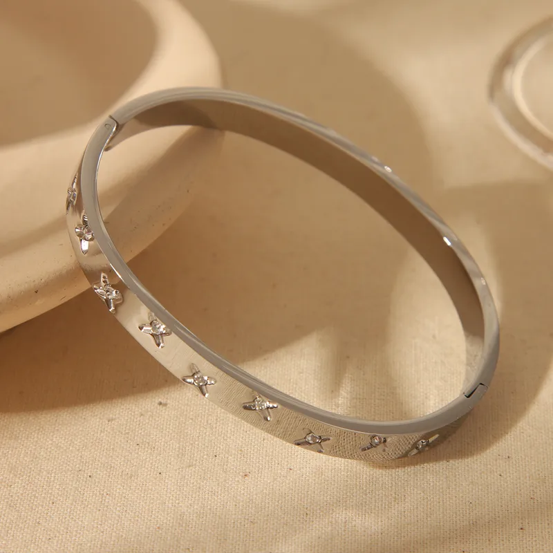 Hypoallergenic Silver Plated Star Bangle  with CZ Stones Stainless Steel