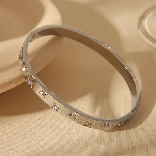 Hypoallergenic Silver Plated Star Bangle  with CZ Stones Stainless Steel