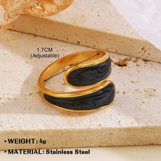 Black Gold Enamel Open Adjustable Ring 18K Gold Plated Stainless Steel