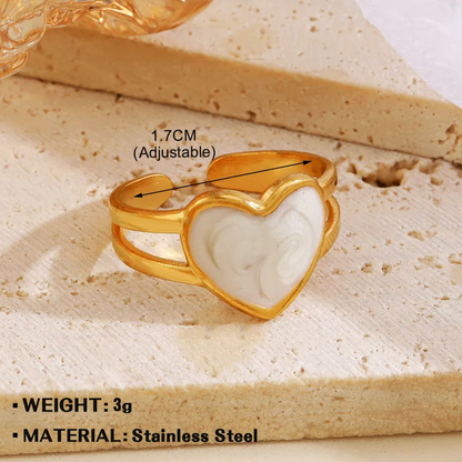 Enamel White Heart Gold Plated Adjustable Ring Stainless Steel