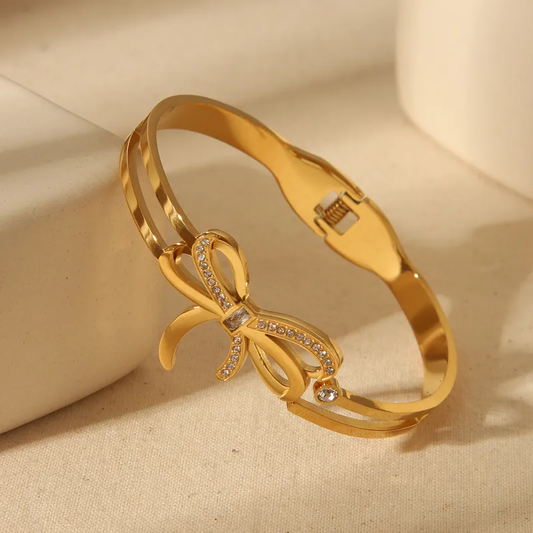Beautiful Big Bow Zircon Bangle 18K Gold Plated Stainless Steel