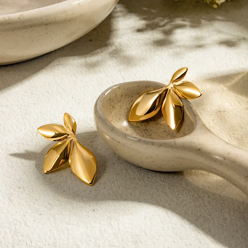 18K Gold Plated Leaf Earring Hypoallergenic Stainless Steel