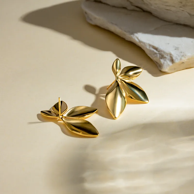 18K Gold Plated Leaf Earring Hypoallergenic Stainless Steel